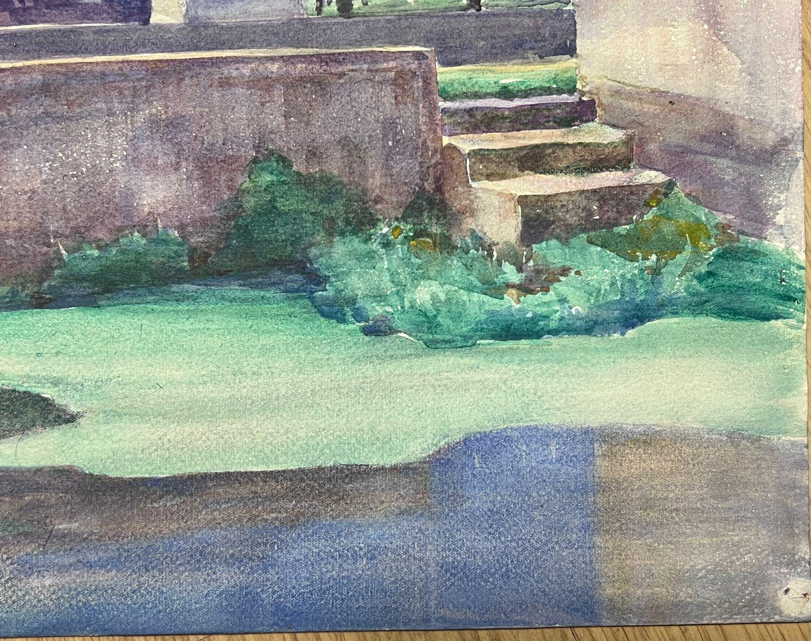 Acuarela Impresionista Francesa de 1930 Escalones de Piedra hacia el Río Verde Moggy - Landscape Painting Gris de Louise Alix