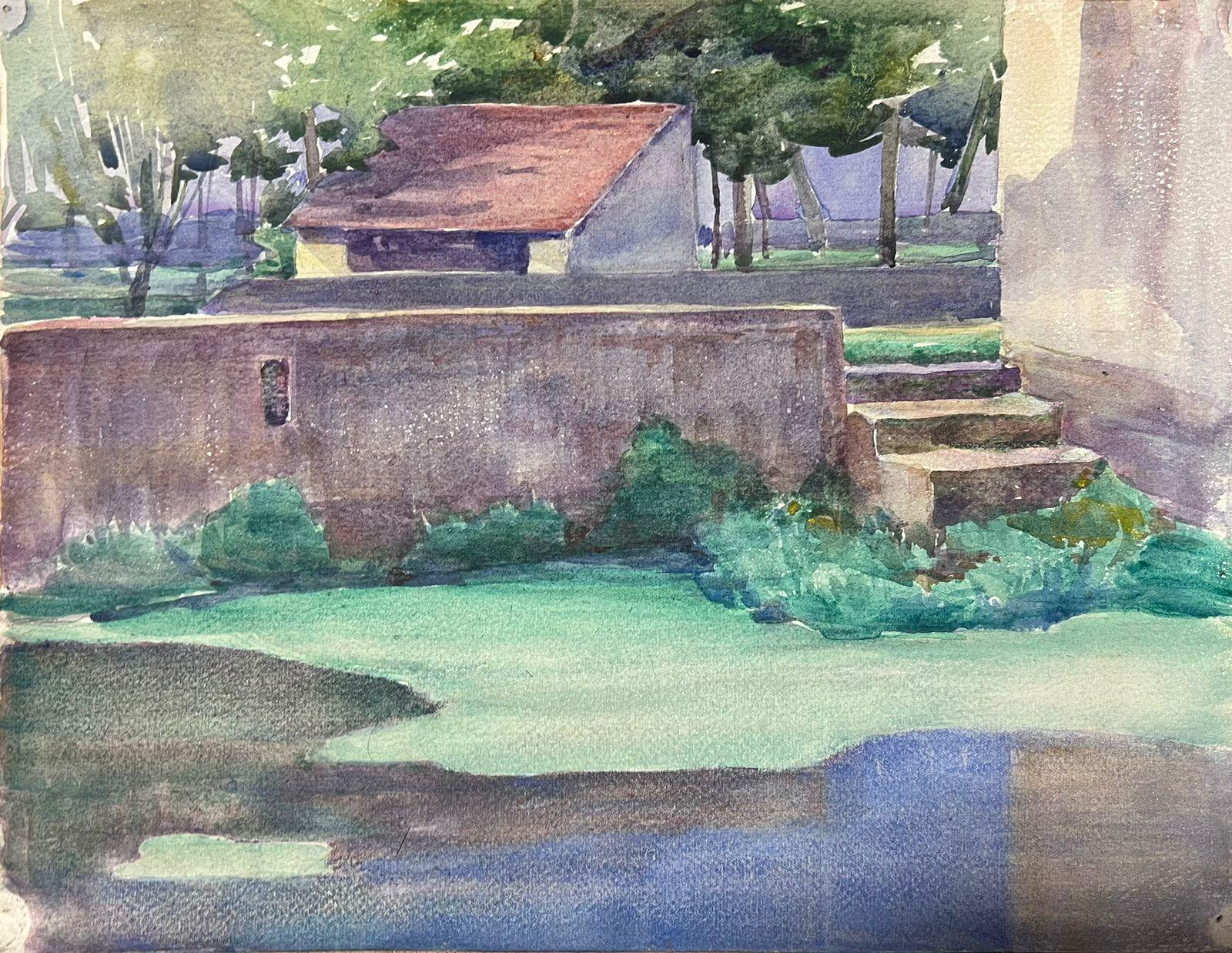Louise Alix Landscape Painting - 1930's French Impressionist Watercolour Stone Steps Down To Green Moggy River