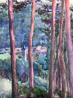 Französisches impressionistisches Aquarell, großformatige Waldbäume, 1930er Jahre