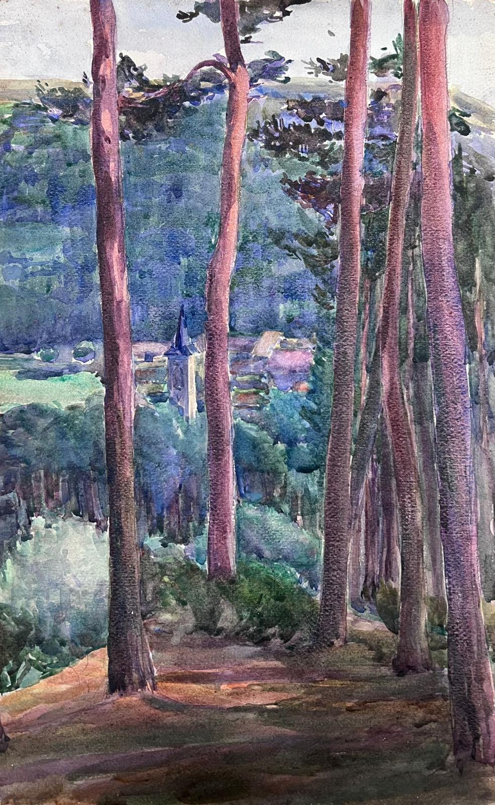 Louise Alix Landscape Painting - 1930's French Impressionist Watercolour Tall Woodland Trees