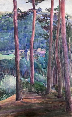 Aquarelle impressionniste française des années 1930 Grands arbres forestiers