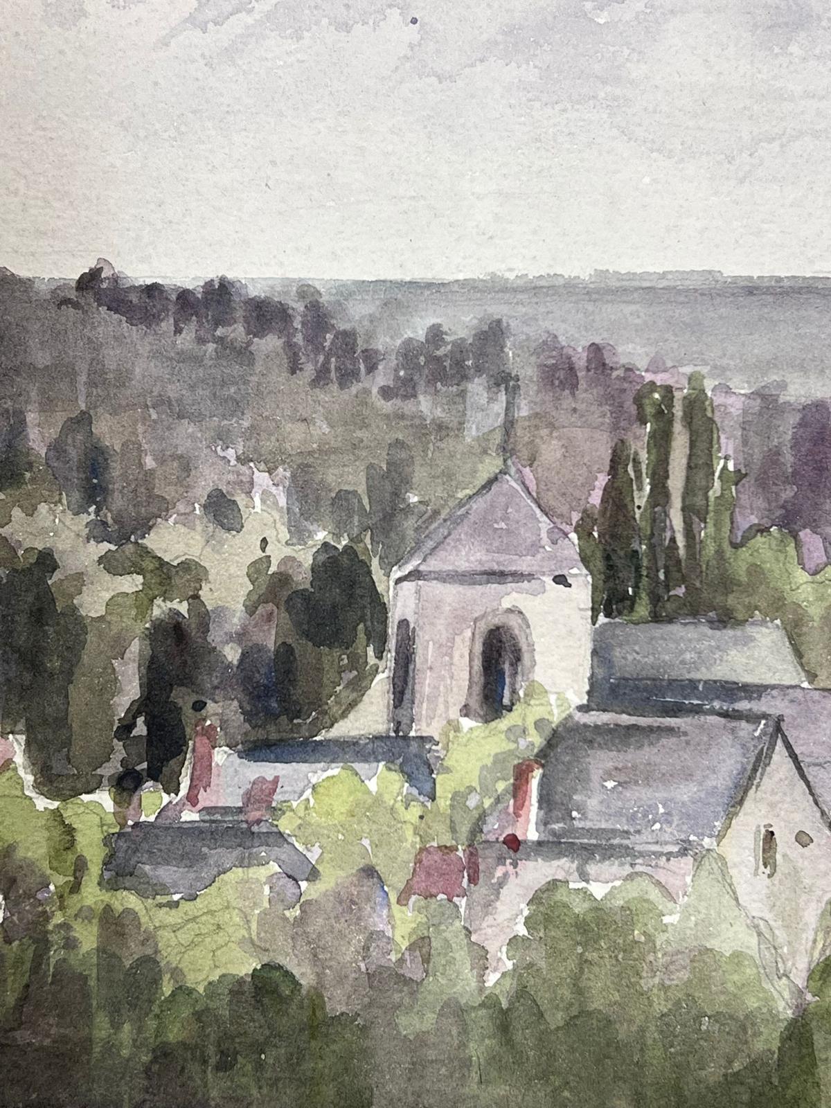 1930's French Impressionist Watercolour Village Church Roofs Landscape - Painting by Louise Alix