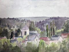 Aquarelle impressionniste française des années 1930, paysage de village avec coqs d'église