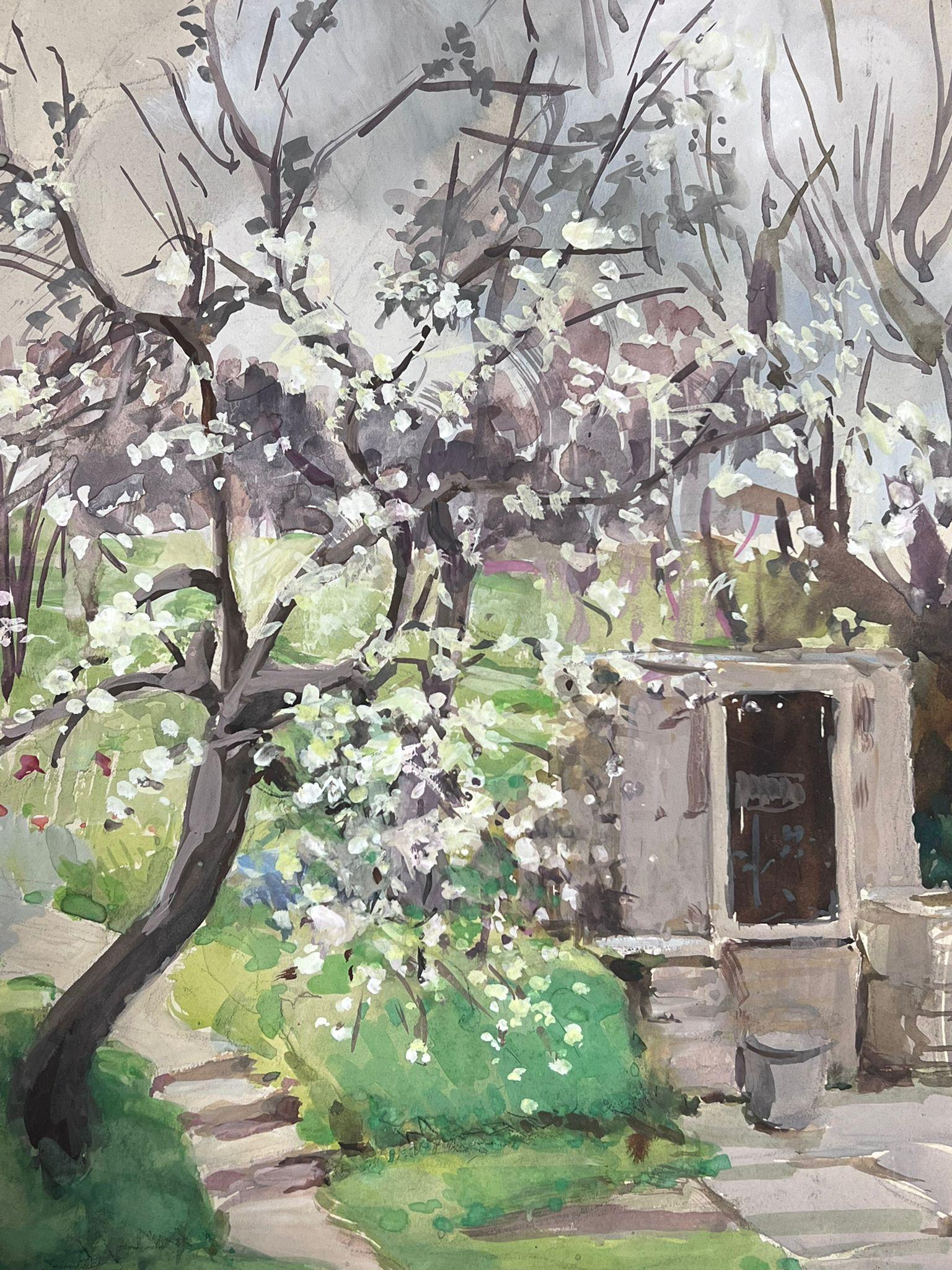 Garden Blossom Tree
by Louise Alix, French 1950's Impressionist 
gouache on artist paper, unframed
painting: 14.5 x 12.5 inches
provenance: from a large private collection of this artists work in Northern France
condition: original, good and sound