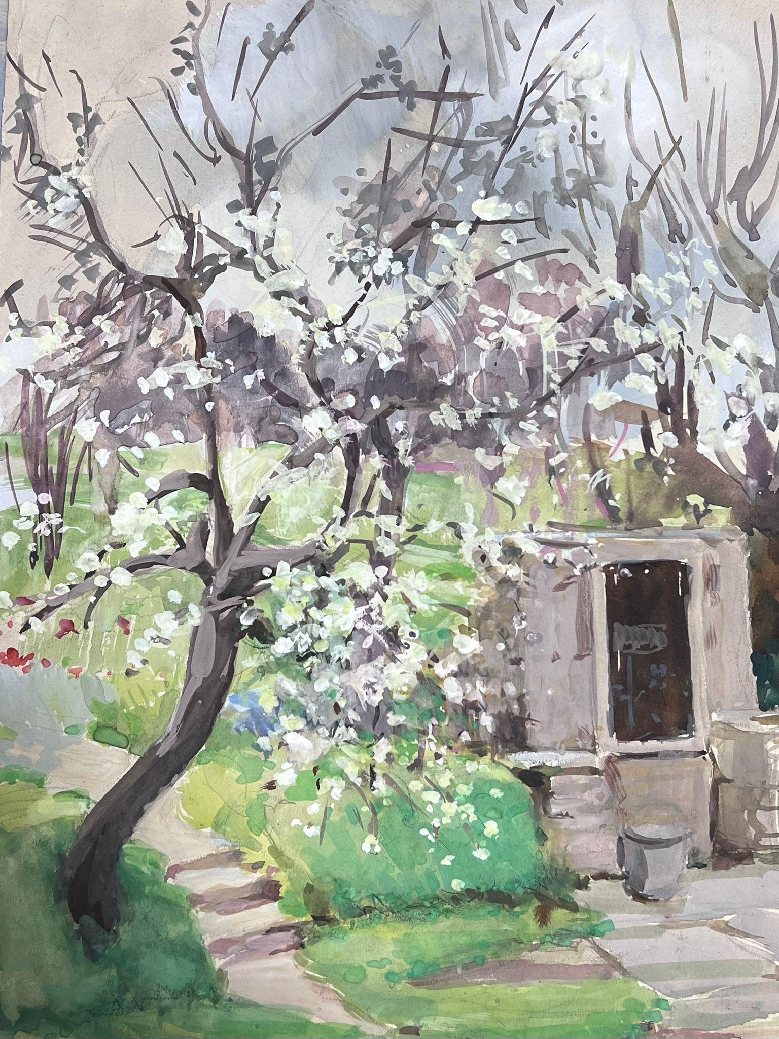 1930's French Impressionist White Blossom Tree Garden Landscape For Sale 1