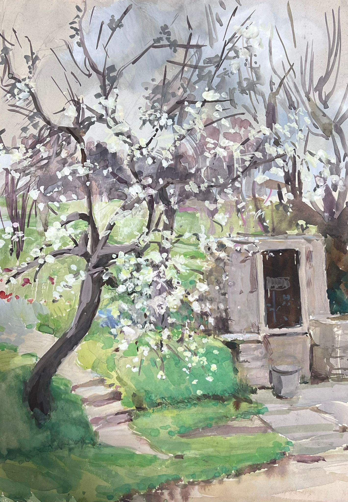 Paesaggio da giardino impressionista francese del 1930 con alberi in fiore bianchi