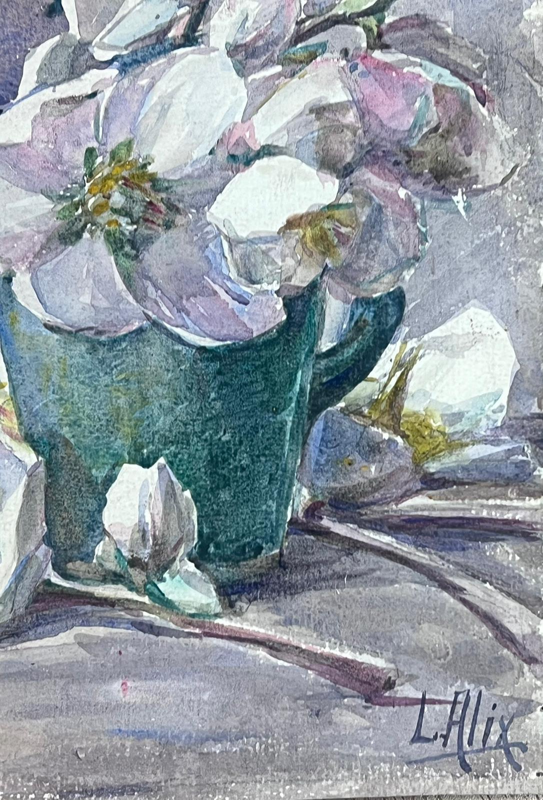 1930's French Impressionist White Flowers In Vase Grey Still Life - Painting by Louise Alix