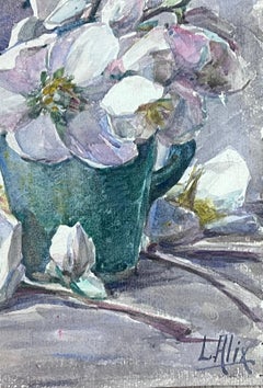 1930's French Impressionist White Flowers In Vase Grey Still Life