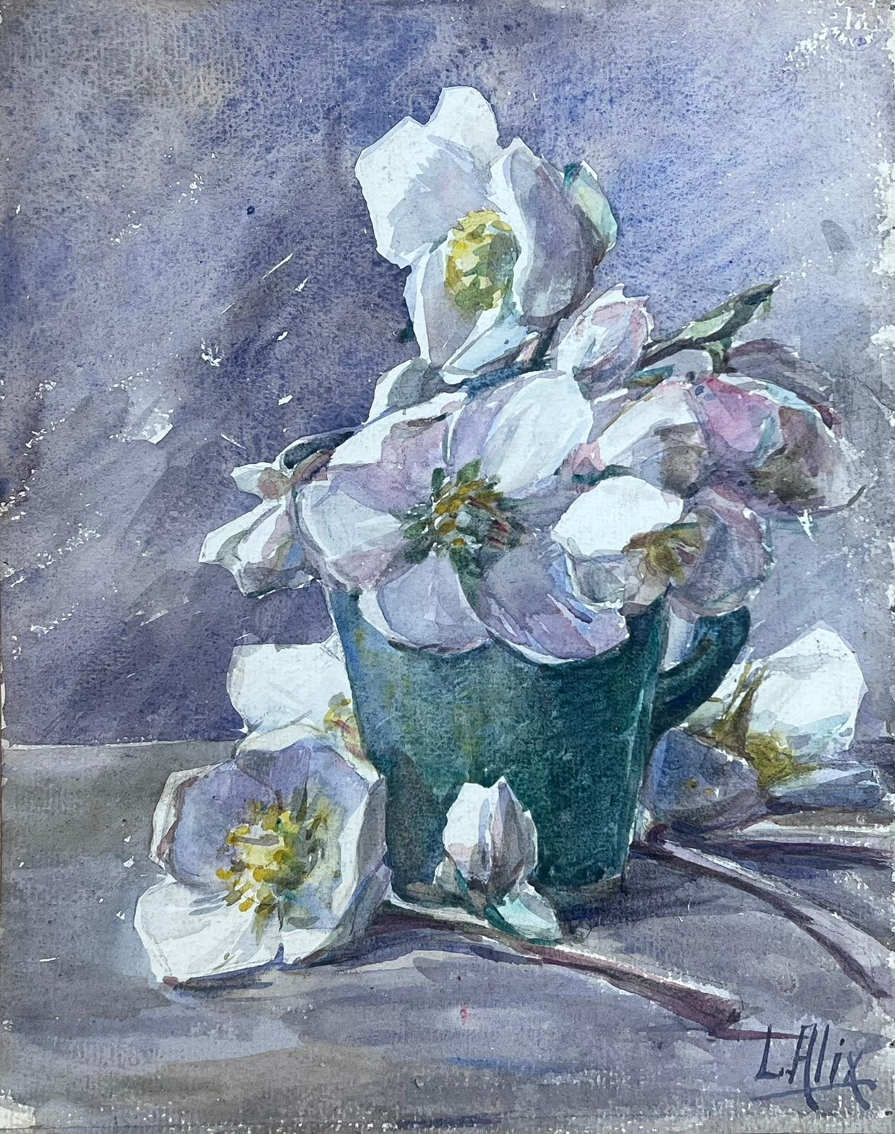 White Flower Still Life
by Louise Alix, French 1950's Impressionist 
watercolour on artist paper
painting: 10.75 x 11 inches
double sided 
provenance: from a large private collection of this artists work in Northern France
condition: original, good