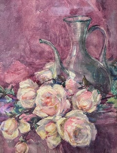 1930's French Impressionist White Roses and Glass Clear Jug In Pink Interior