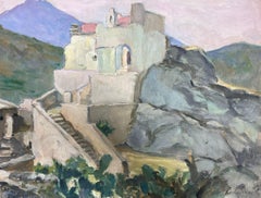 1930's French Impressionist White Stone Chapel On The Grey Rocks Landscape