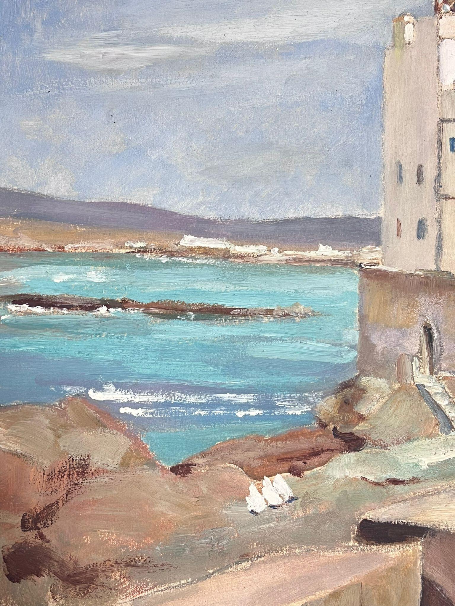 1930's French Impressionist White Stone Wall Tower Over Looking Blue Sea - Painting by Louise Alix