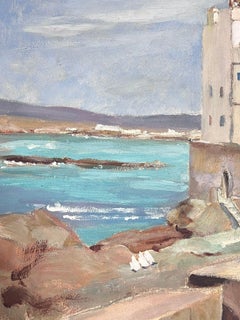 1930's French Impressionist White Stone Wall Tower Over Looking Blue Sea