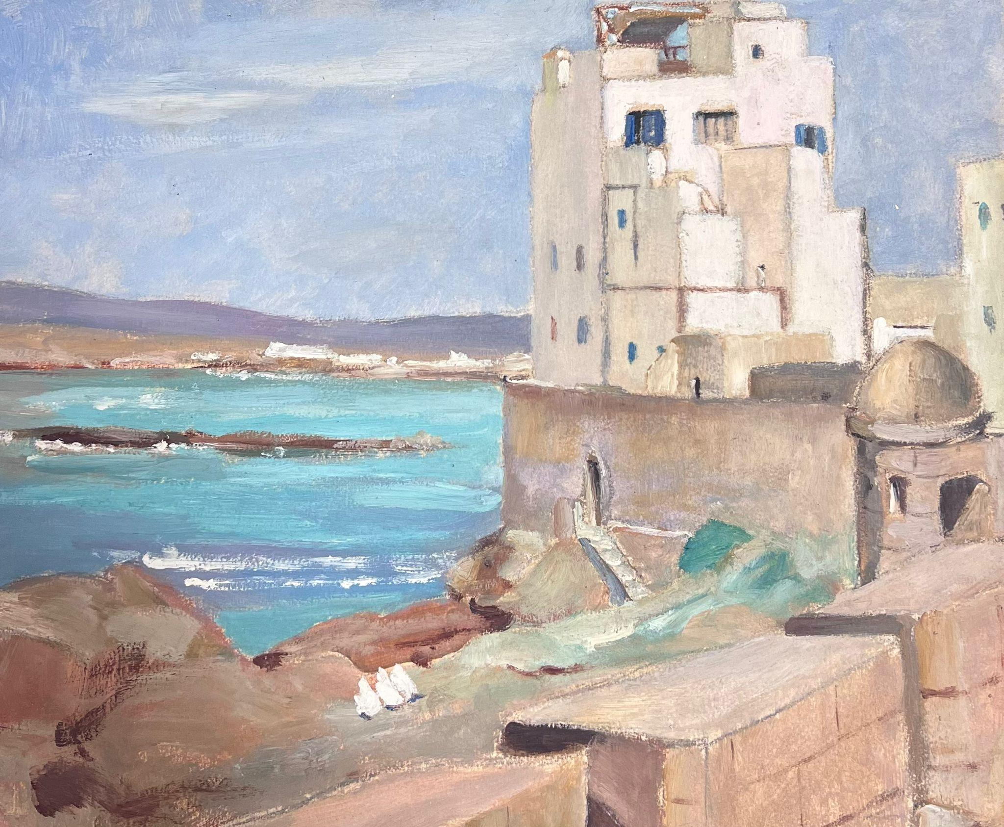 1930's French Impressionist White Stone Wall Tower Over Looking Blue Sea For Sale 1