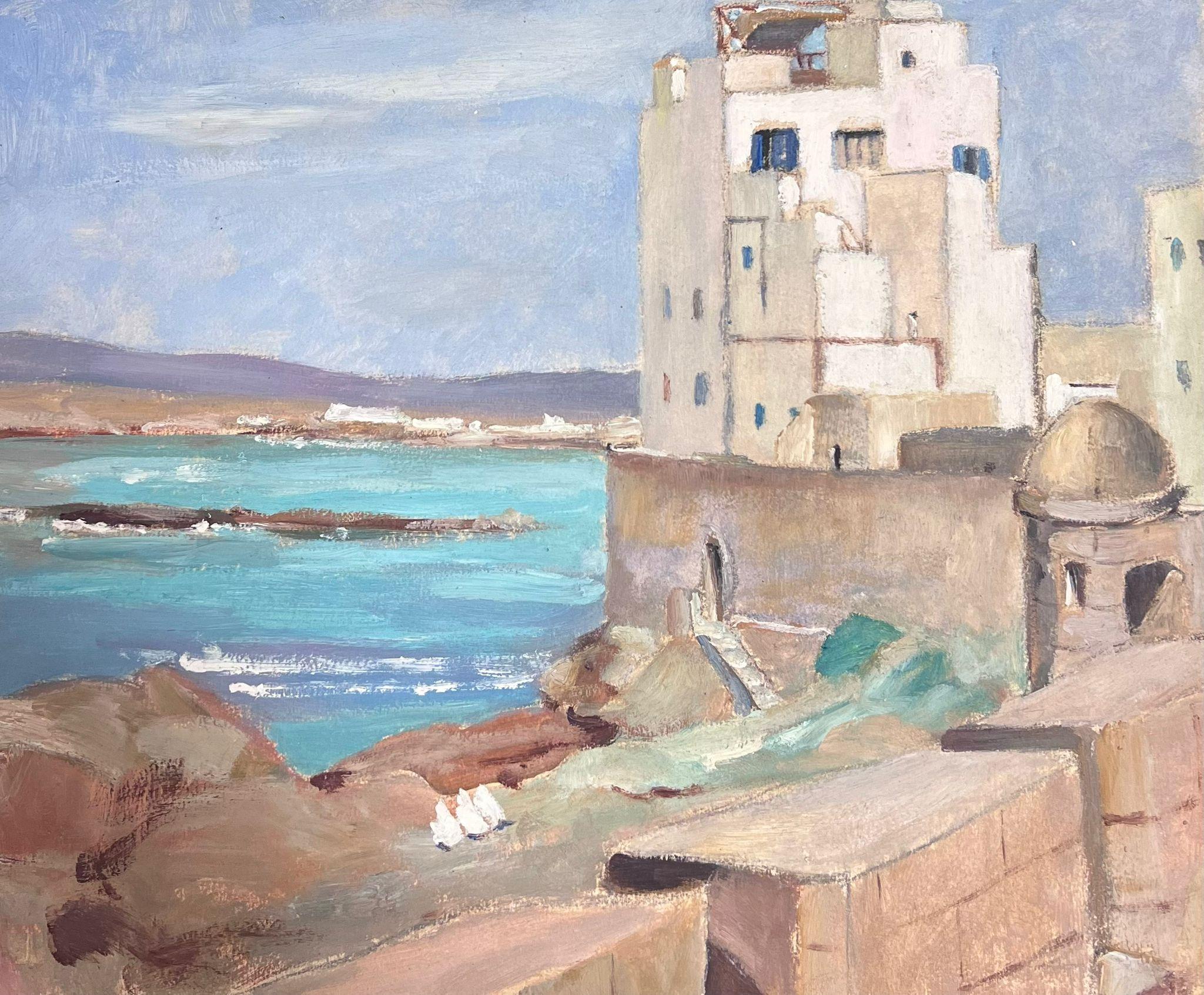 Louise Alix Landscape Painting - 1930's French Impressionist White Stone Wall Tower Over Looking Blue Sea