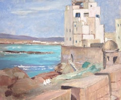 Vintage 1930's French Impressionist White Stone Wall Tower Over Looking Blue Sea