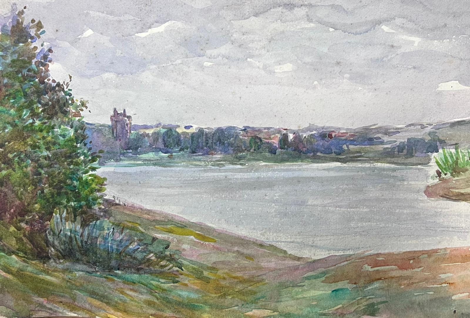1930's French Impressionist Wide Grey Sea Watercolour Landscape For Sale 1