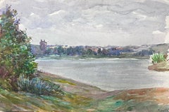 Paysage impressionniste français des années 1930, large mer grise, aquarelle