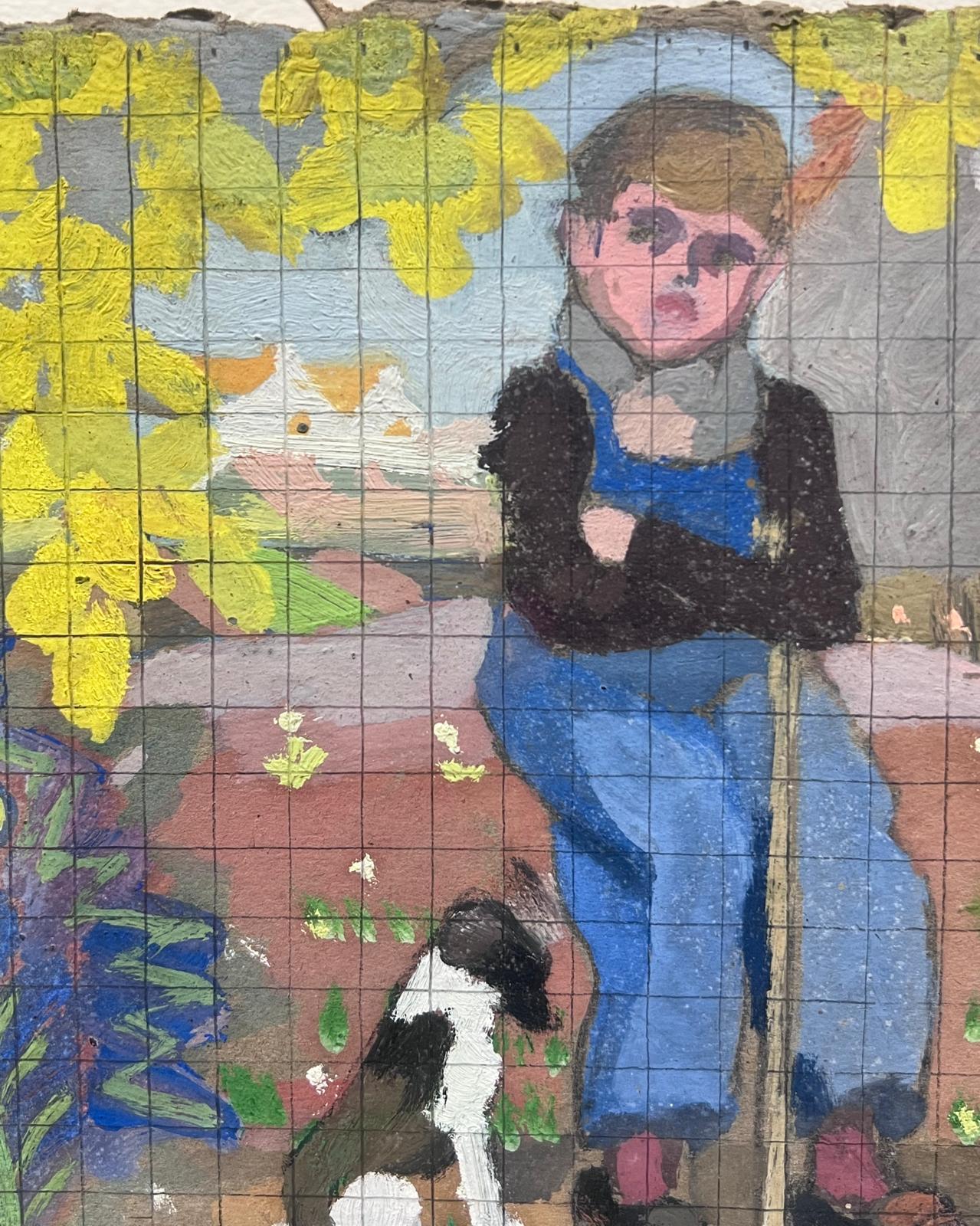 1930's French Impressionist Young Farmer In Dungarees Gardening With His Dog - Painting by Louise Alix