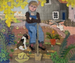 Vintage 1930's French Impressionist Young Farmer In Dungarees Gardening With His Dog