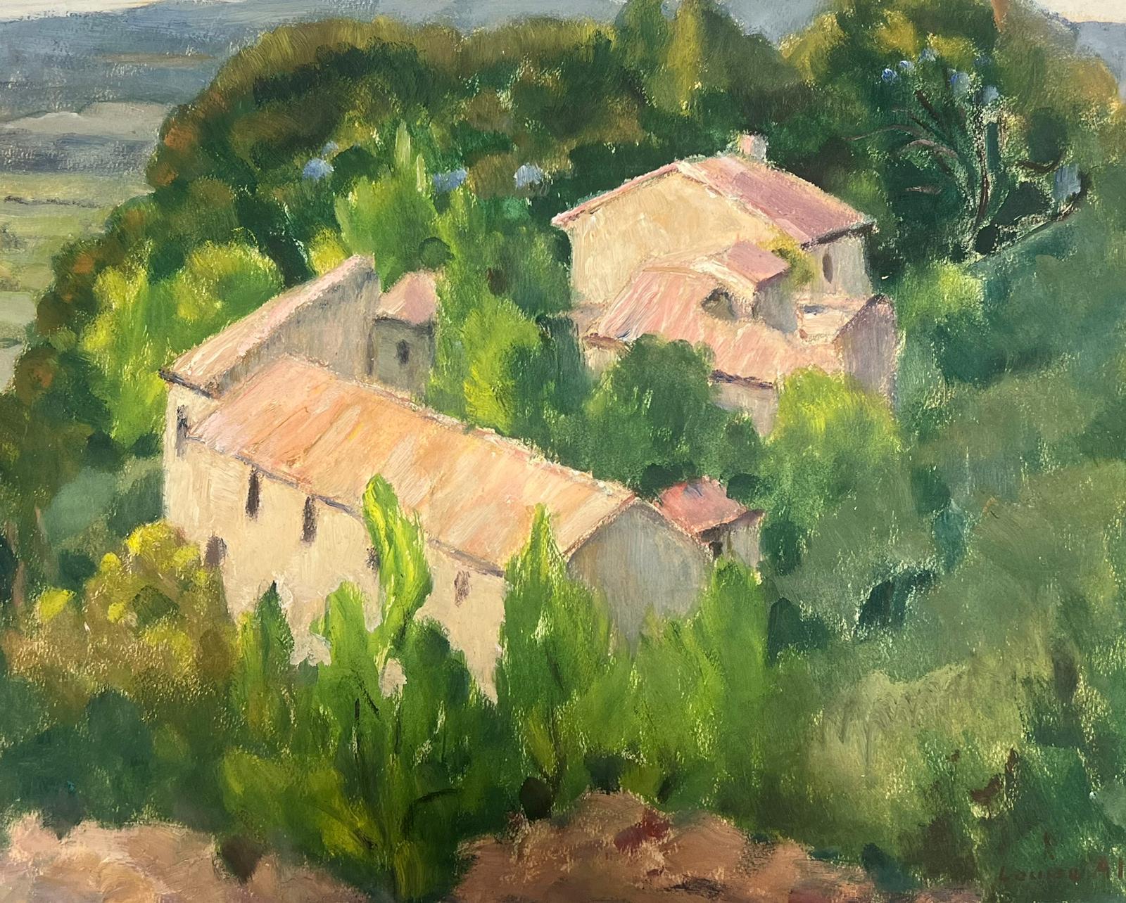 Peinture à l'huile française des années 1930, Château dans le paysage d'arbre vert d'été  - Impressionnisme Painting par Louise Alix