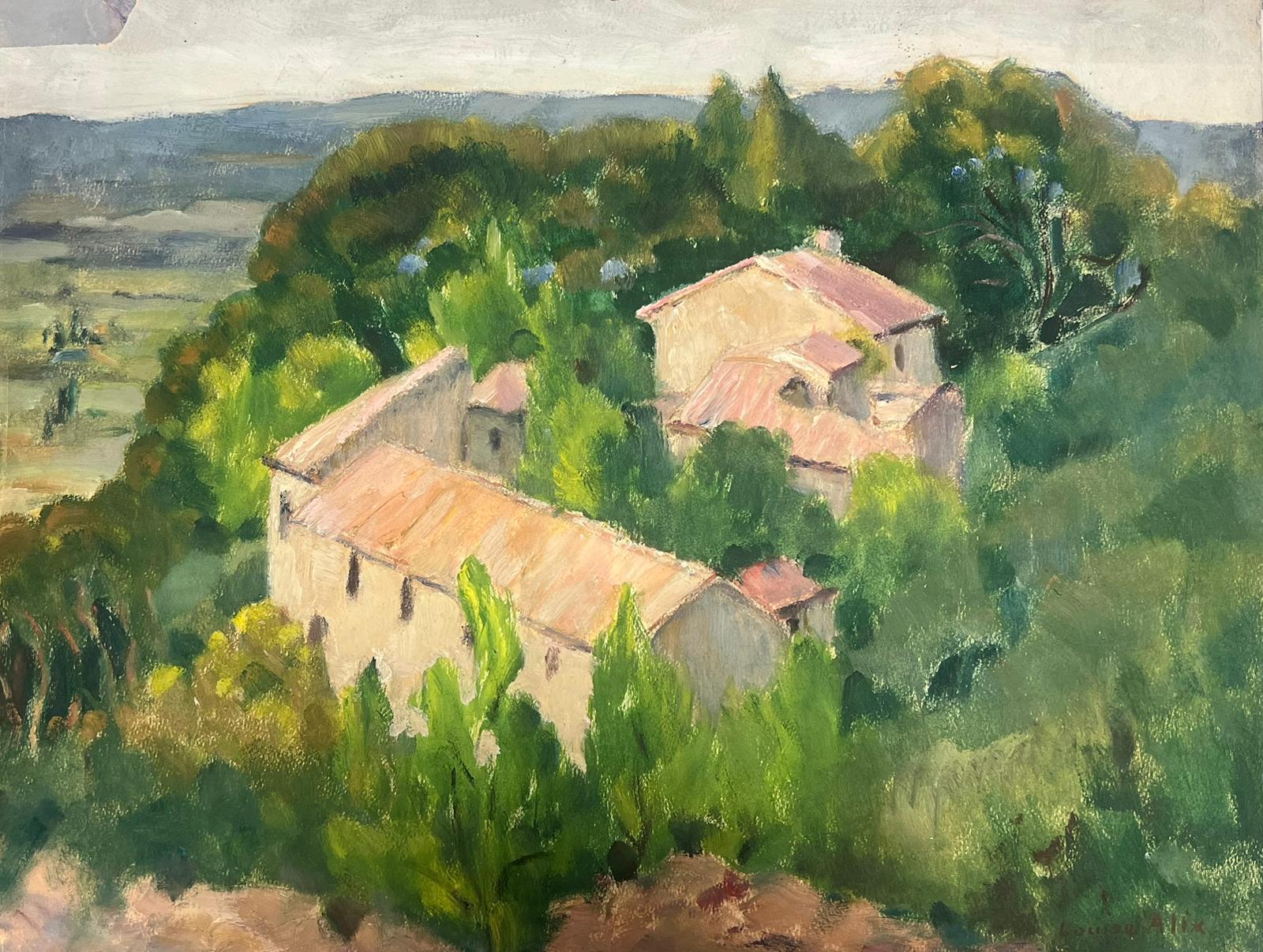 Landscape Painting Louise Alix - Peinture à l'huile française des années 1930, Château dans le paysage d'arbre vert d'été 
