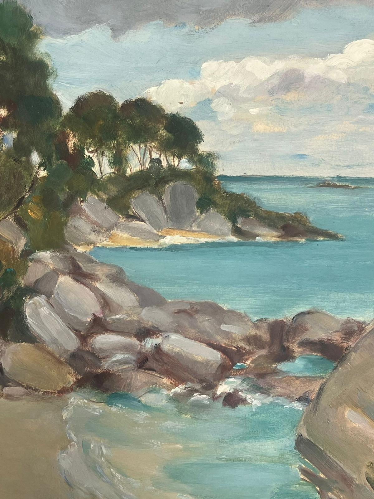 1930's French Oil Painting Clear Sea Rocky Beach Bay Landscape - Gray Landscape Painting by Louise Alix