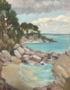 Peinture à l'huile française des années 1930 Mer claire Plage rocheuse Baie Paysage