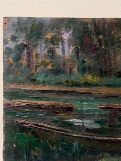 1930's French Oil Painting Dark River Woodland Landscape