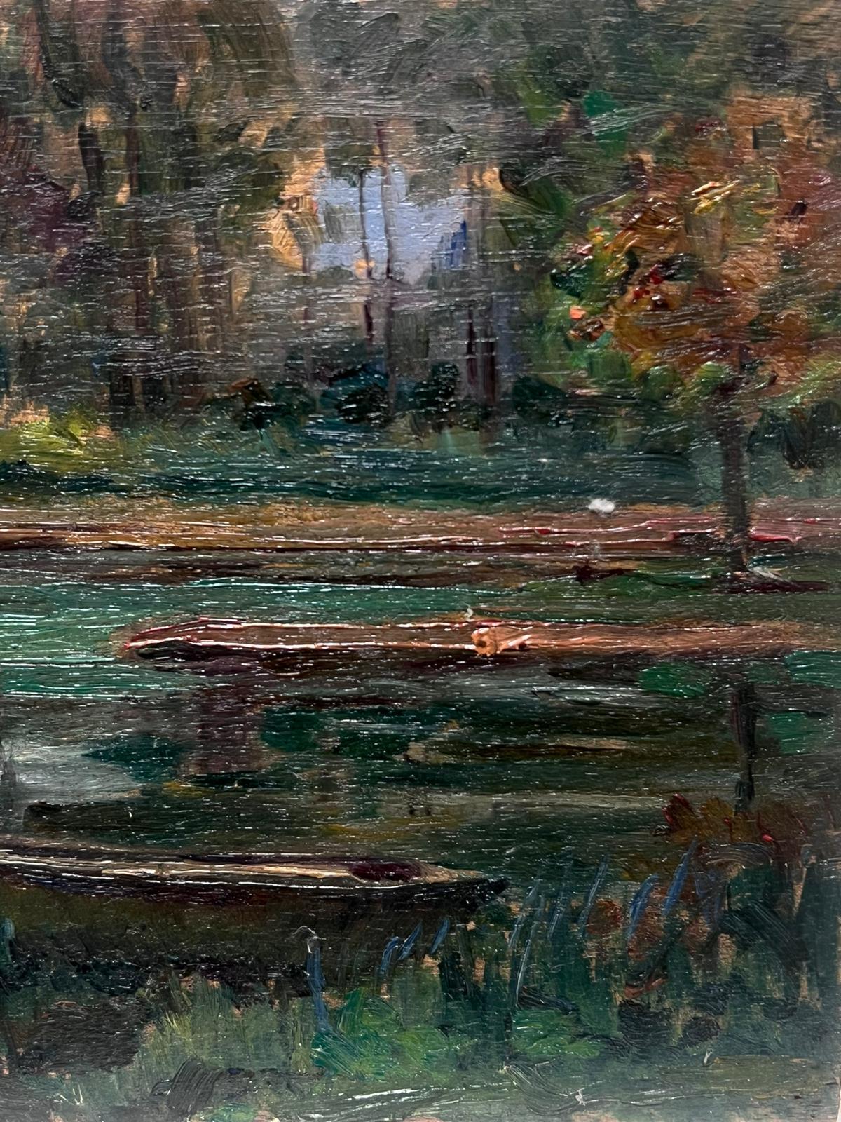 Peinture à l'huile française des années 1930, paysage de bois, rivière foncée - Impressionnisme Painting par Louise Alix