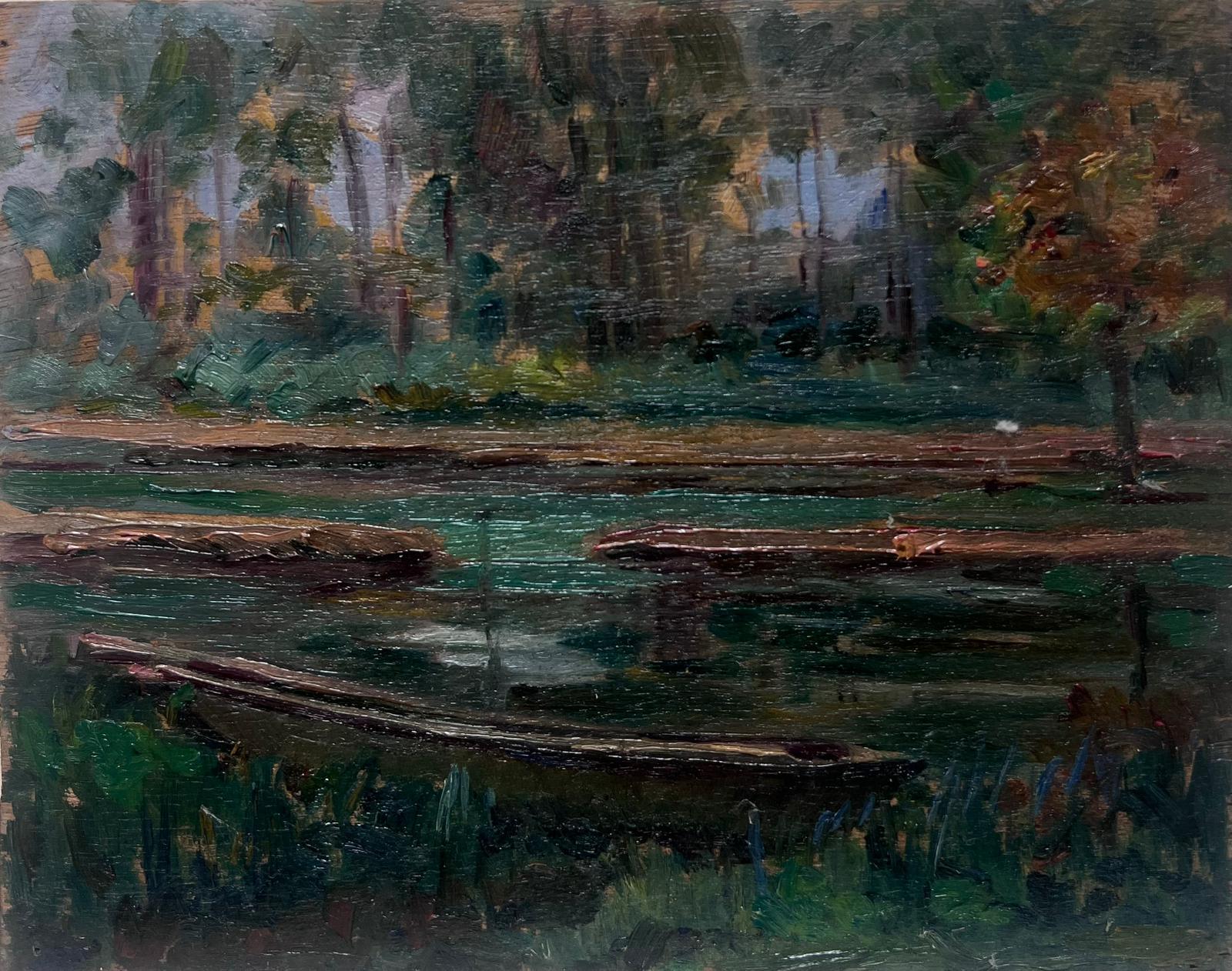 Peinture à l'huile française des années 1930, paysage de bois, rivière foncée - Noir Landscape Painting par Louise Alix
