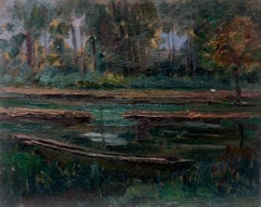 Peinture à l'huile française des années 1930, paysage de bois, rivière foncée