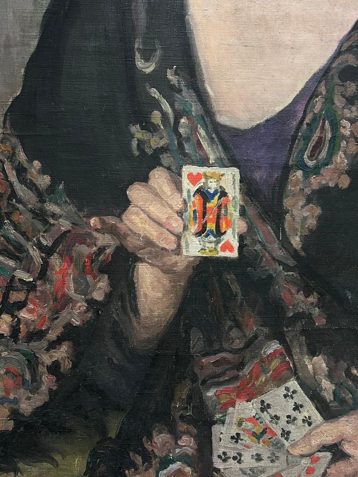 1930's French Oil Painting Portrait of Lady with Playing Cards Beautiful Work For Sale 1