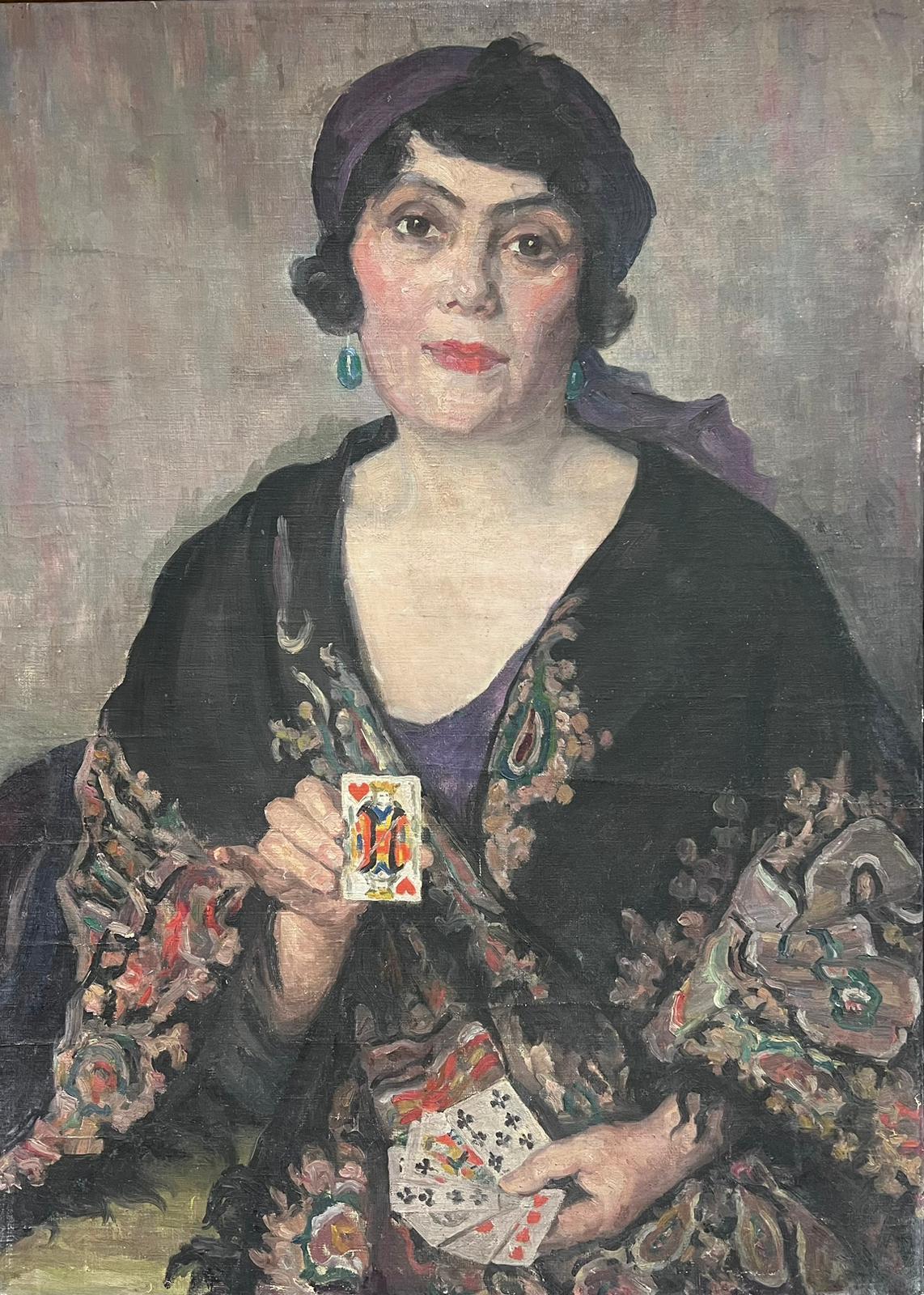 1930's French Oil Painting Portrait of Lady with Playing Cards Beautiful Work