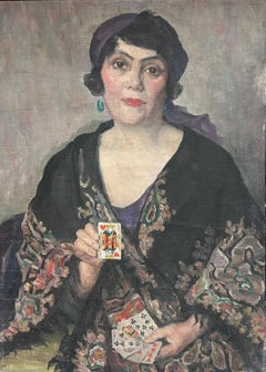 Französisches Ölgemälde der 1930er Jahre, Porträt einer Dame mit Spielkarten, schönes Werk