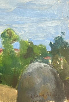 Pintura al óleo francesa de 1930 Paisaje de montañas púrpuras sobre mar azul