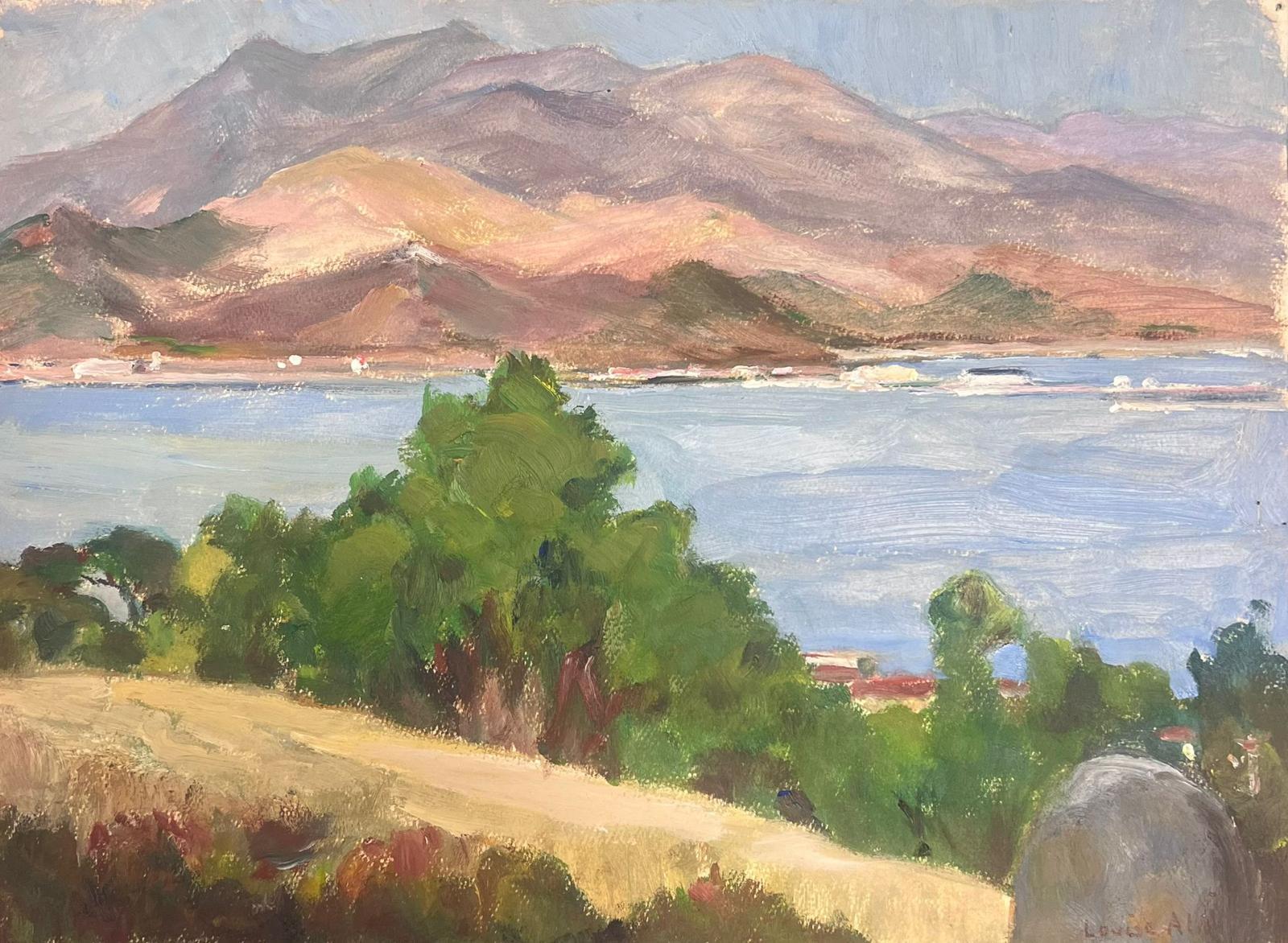 Landscape Painting Louise Alix - Peinture à l'huile française des années 1930 Paysage de montagnes violettes sur mer bleue 