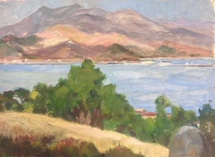 Peinture à l'huile française des années 1930 Paysage de montagnes violettes sur mer bleue 