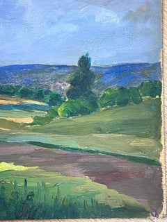 1930's French Oil Painting Red Roof House In Green Open Fields
