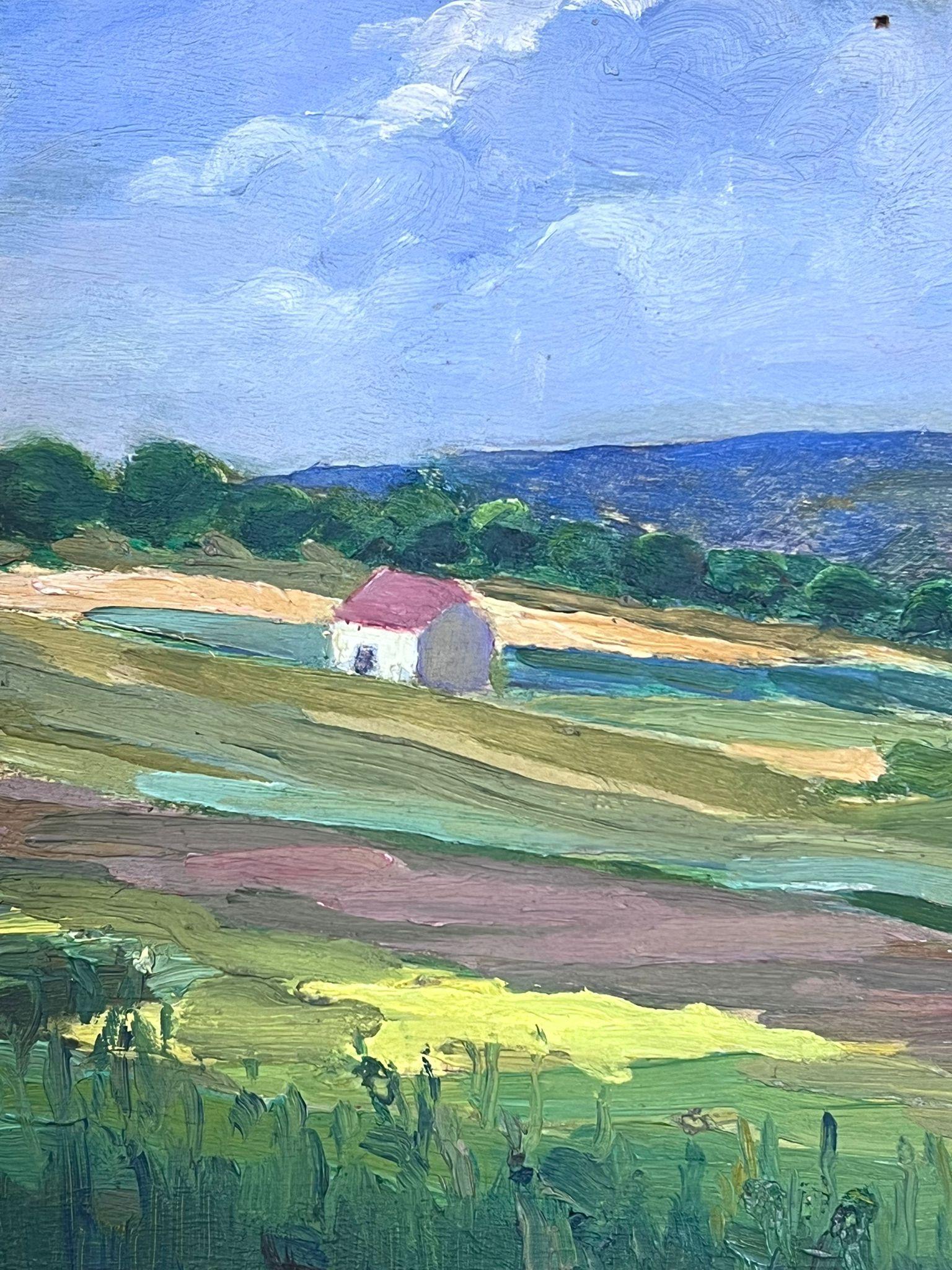 1930's French Oil Painting Red Roof House In Green Open Fields For Sale 1