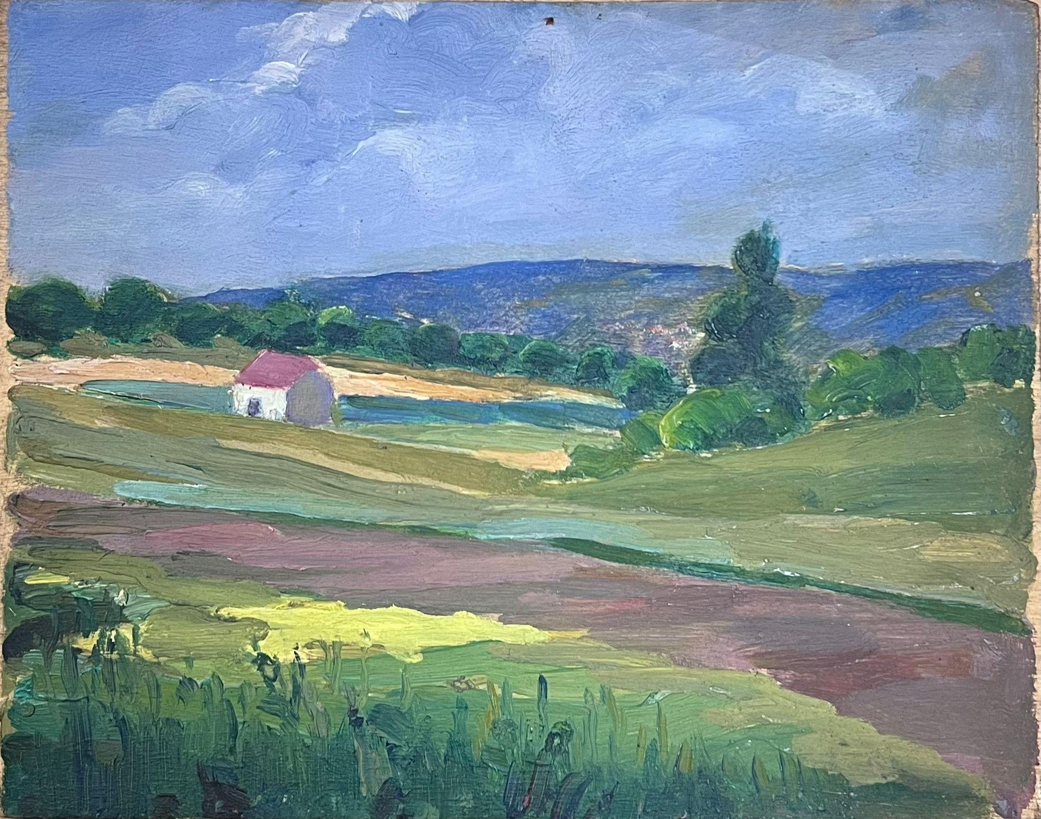 1930's French Oil Painting Red Roof House In Green Open Fields For Sale 3