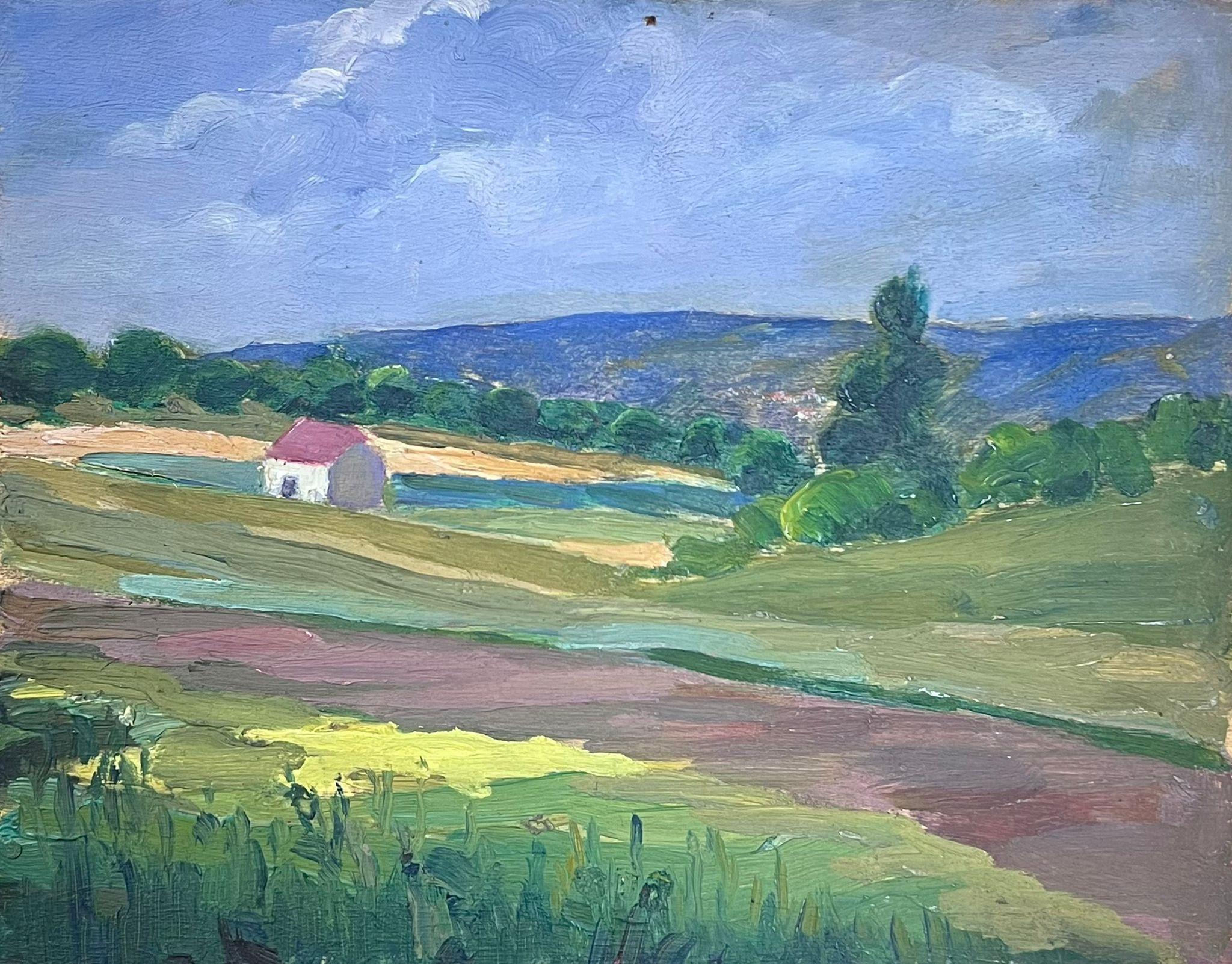 Louise Alix Landscape Painting - 1930's French Oil Painting Red Roof House In Green Open Fields