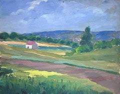 1930's French Oil Painting Red Roof House In Green Open Fields