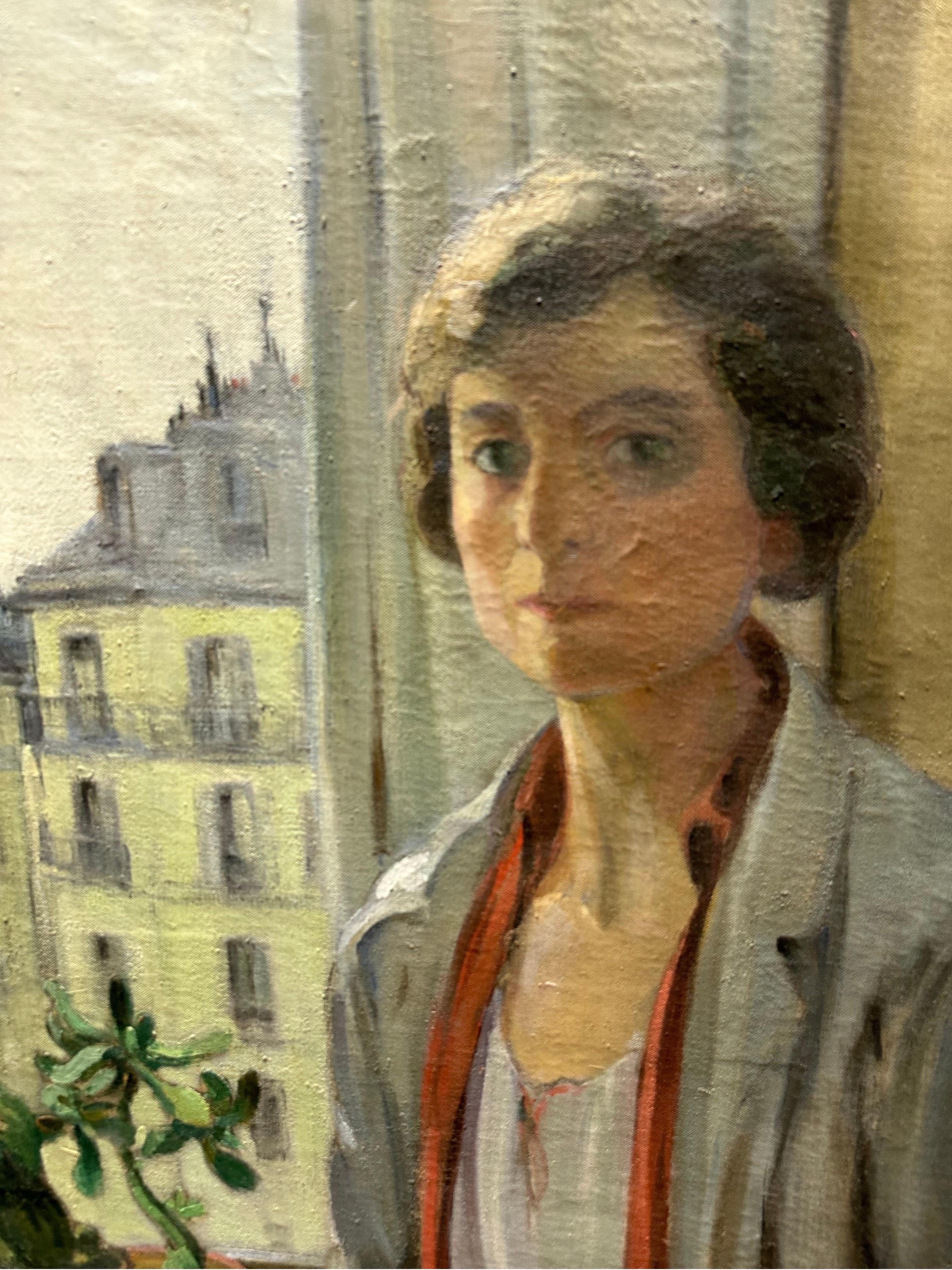 1930er Jahre Französisch Ölgemälde Self-Portrait des Künstlers Paris Rooftops Studio View im Angebot 6
