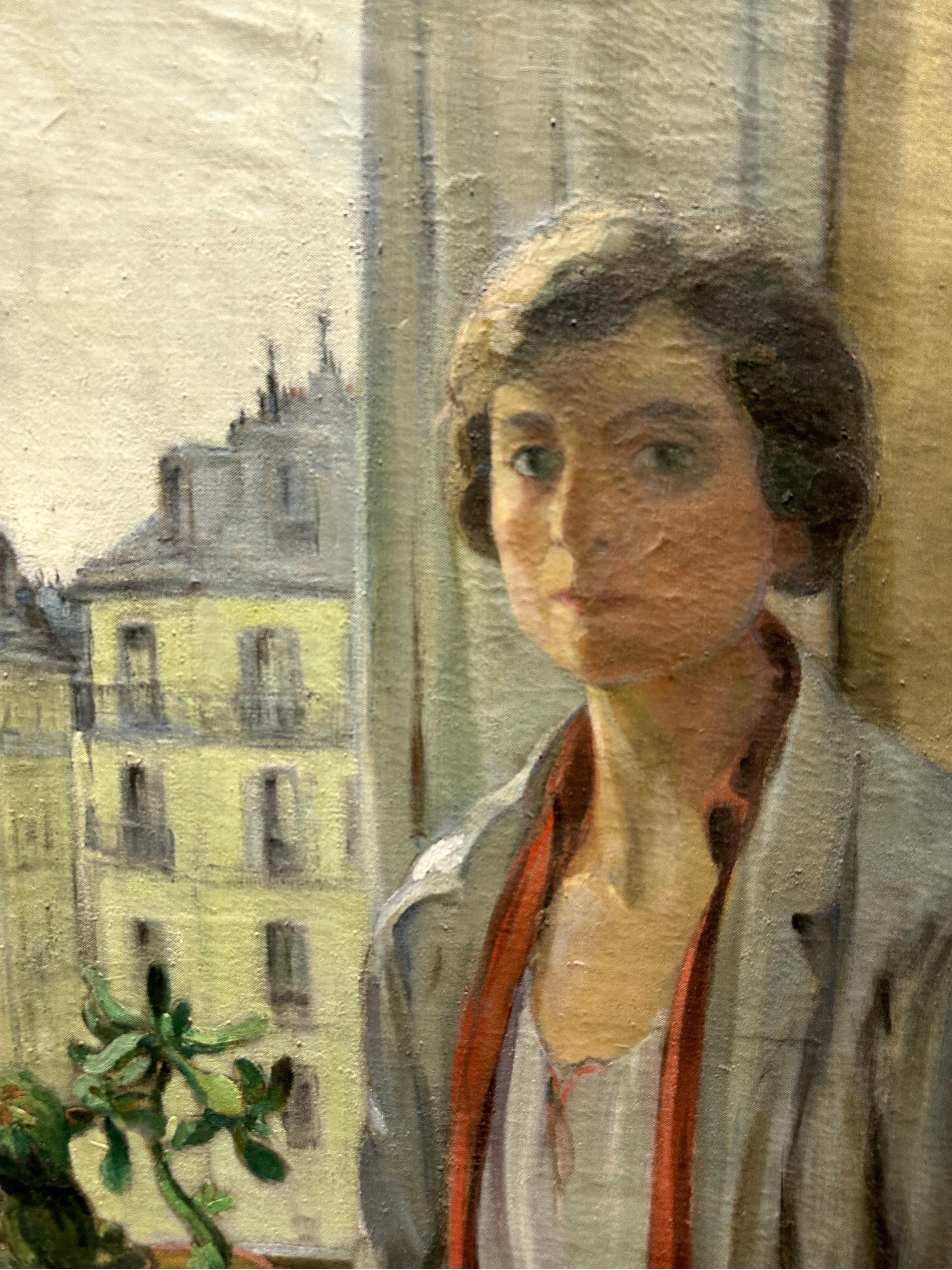 1930's French Oil Painting Self Portrait of Artist Paris Rooftops Studio View For Sale 7