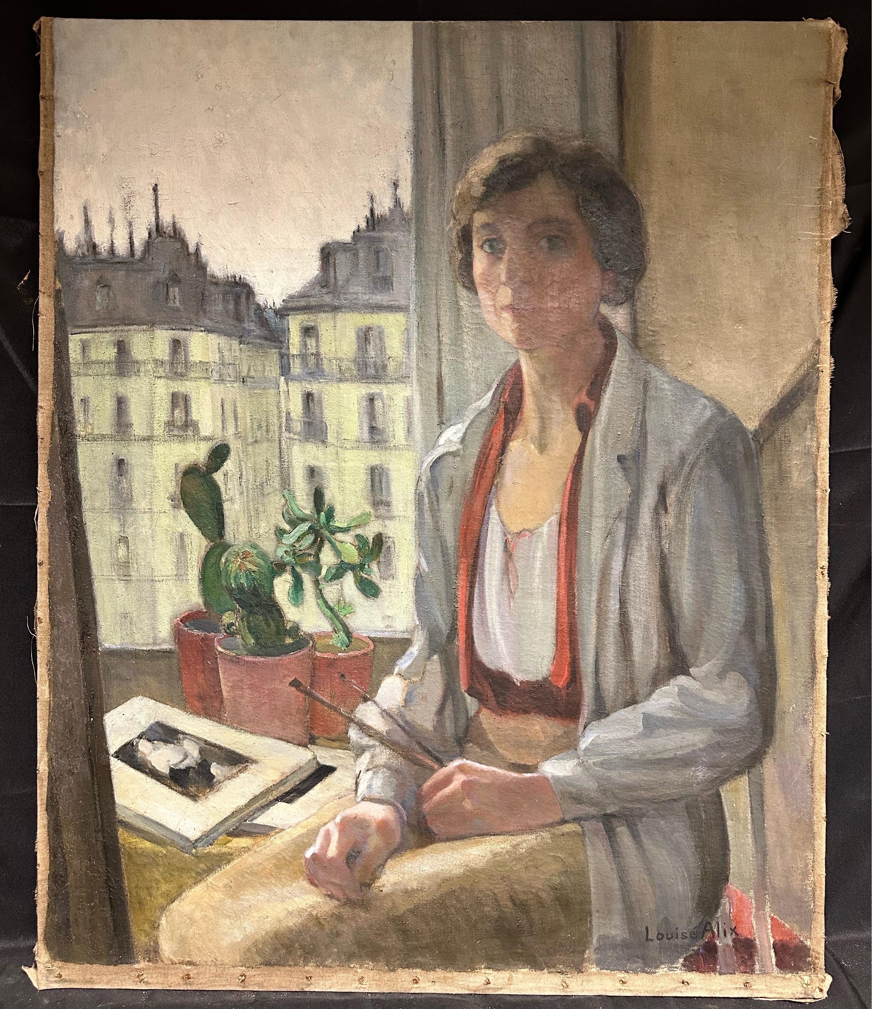1930er Jahre Französisch Ölgemälde Self-Portrait des Künstlers Paris Rooftops Studio View – Painting von Louise Alix