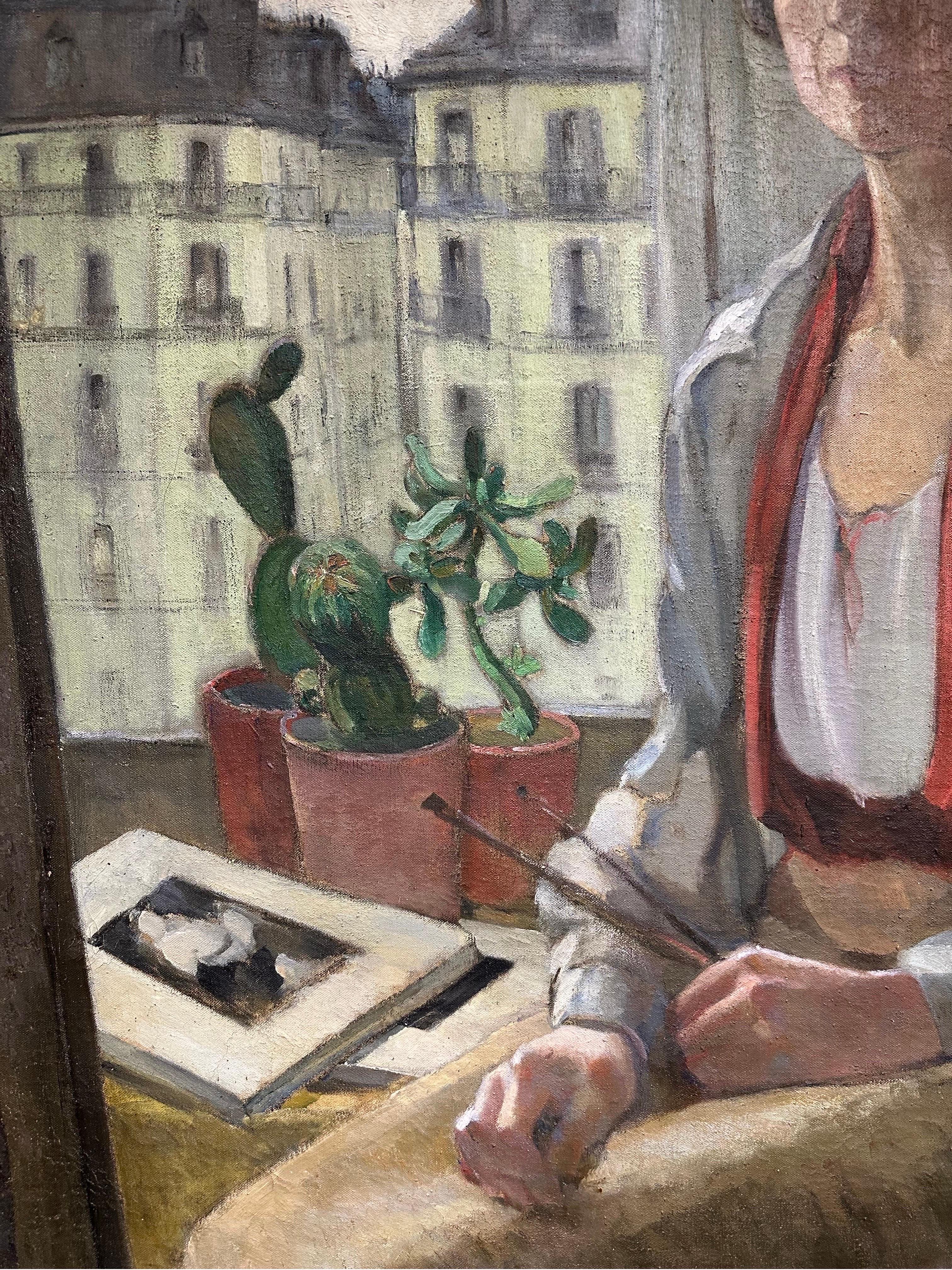 1930er Jahre Französisch Ölgemälde Self-Portrait des Künstlers Paris Rooftops Studio View (Impressionismus), Painting, von Louise Alix