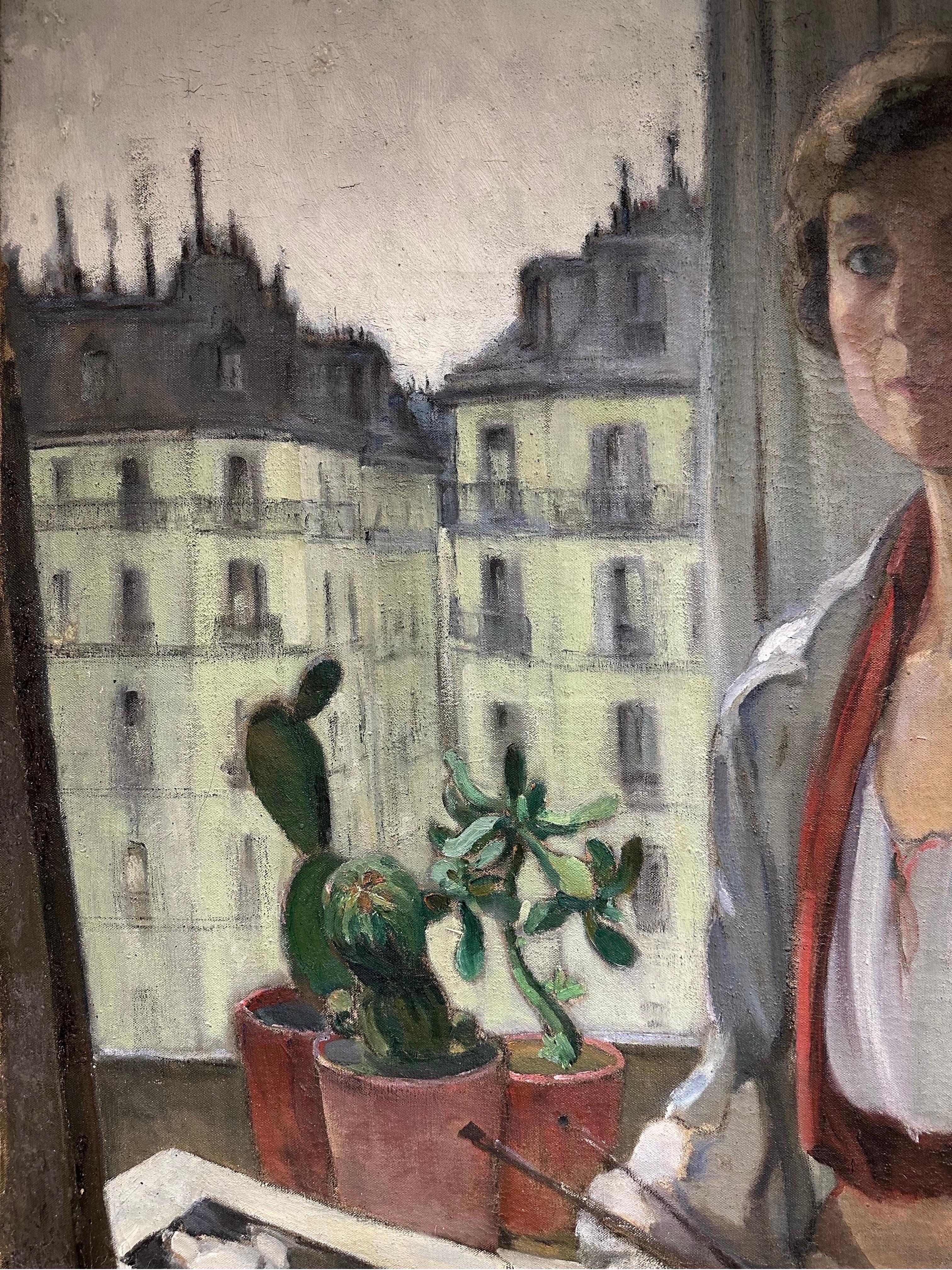 Self-Portrait des Künstlers, Paris
von Louise Alix (Französisch, 1888-1980) *siehe Anmerkungen unten
signiert in der unteren vorderen Ecke, verso mit der Pariser Adresse des Künstlers beschriftet
Ölgemälde auf Leinwand ungerahmt
Maße: 39,5 Zoll hoch