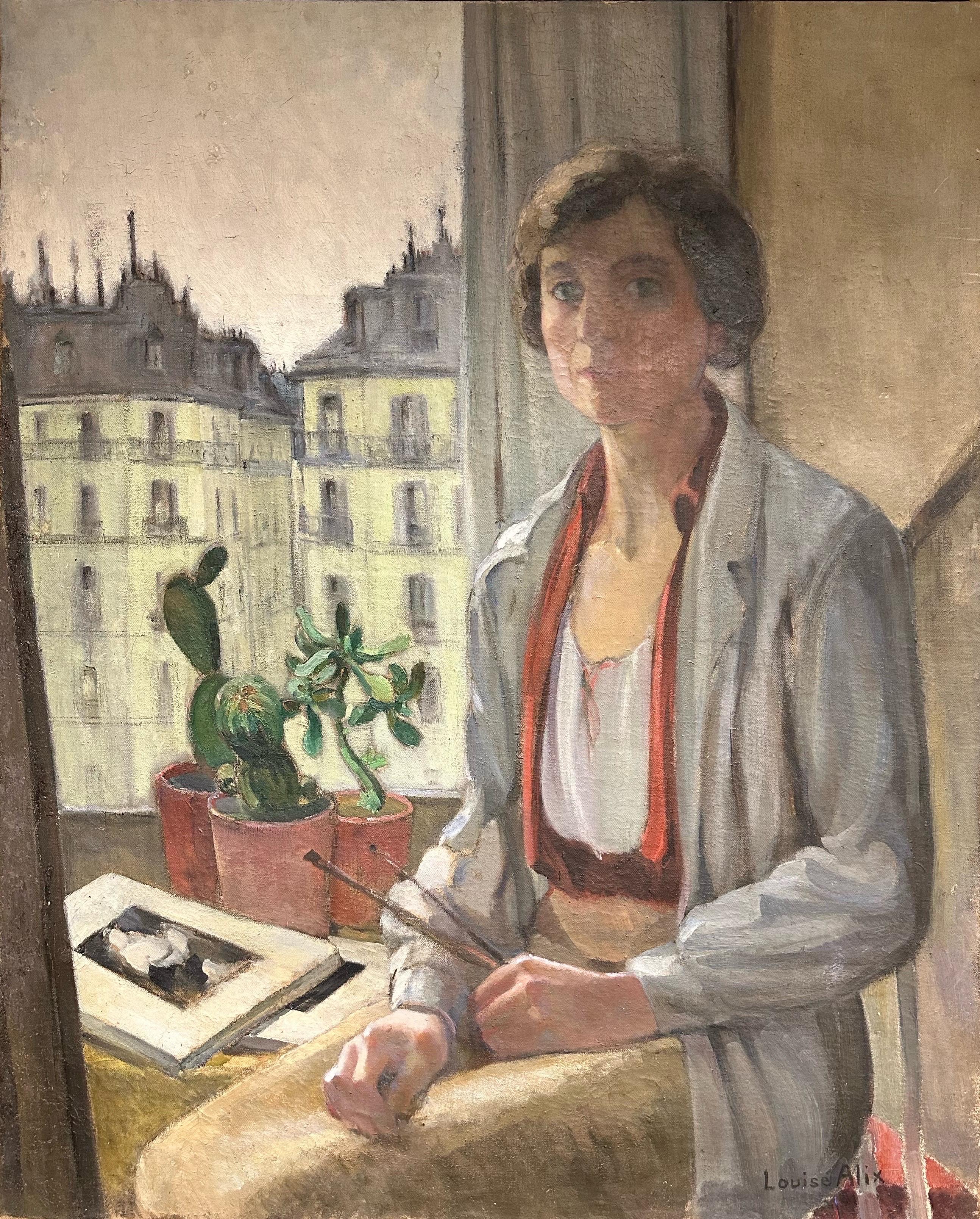 Louise Alix Portrait Painting – 1930er Jahre Französisch Ölgemälde Self-Portrait des Künstlers Paris Rooftops Studio View
