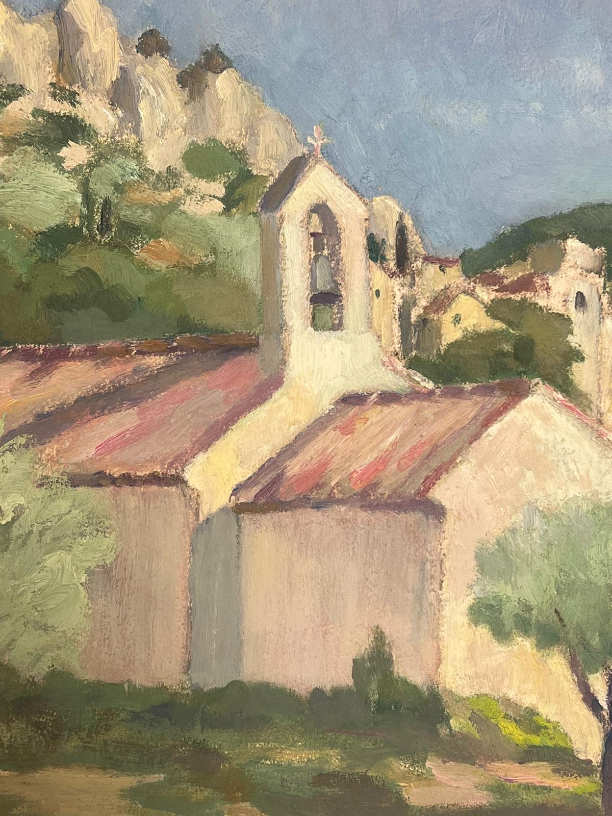1930's French Oil Painting Village Church In Green Landscape For Sale 1